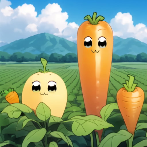 masterpiece, best quality, :3, 2 faces, tall vs small, 
tomato with carrot, in farm,<lora:pptp2:0.6>